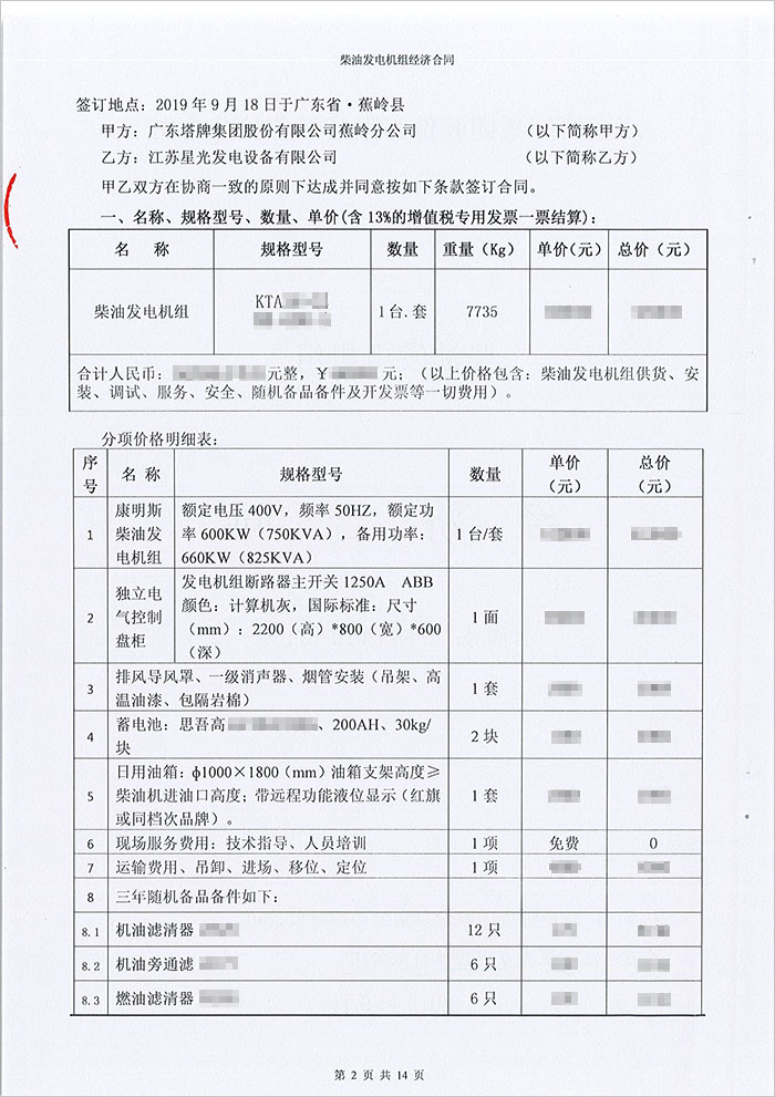 廣東塔牌集團(tuán)蕉嶺分公司600KW康明斯柴油發(fā)電機組采購